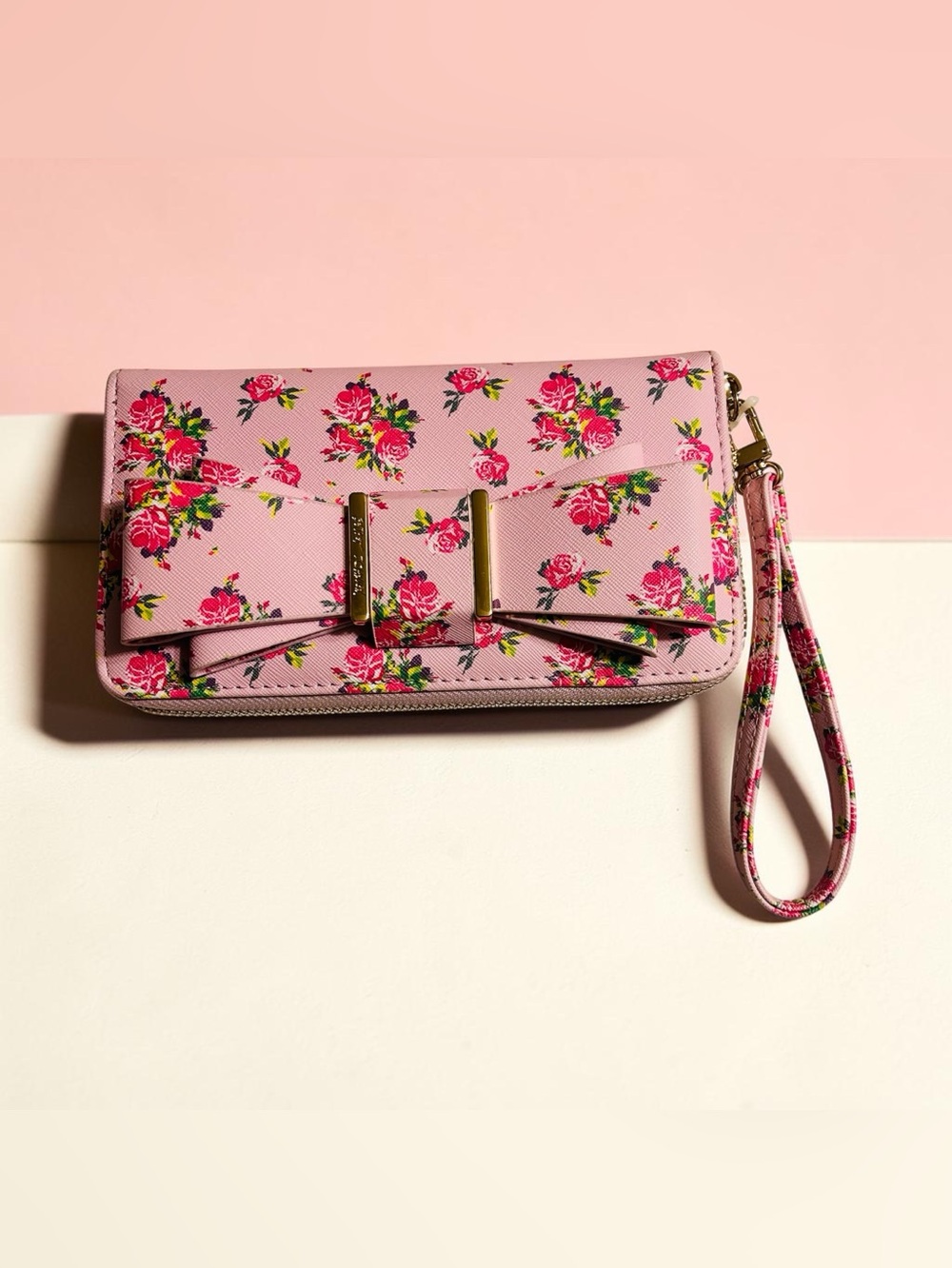 Betsy Johnson Pink Floral Bow Wristlet Clutch